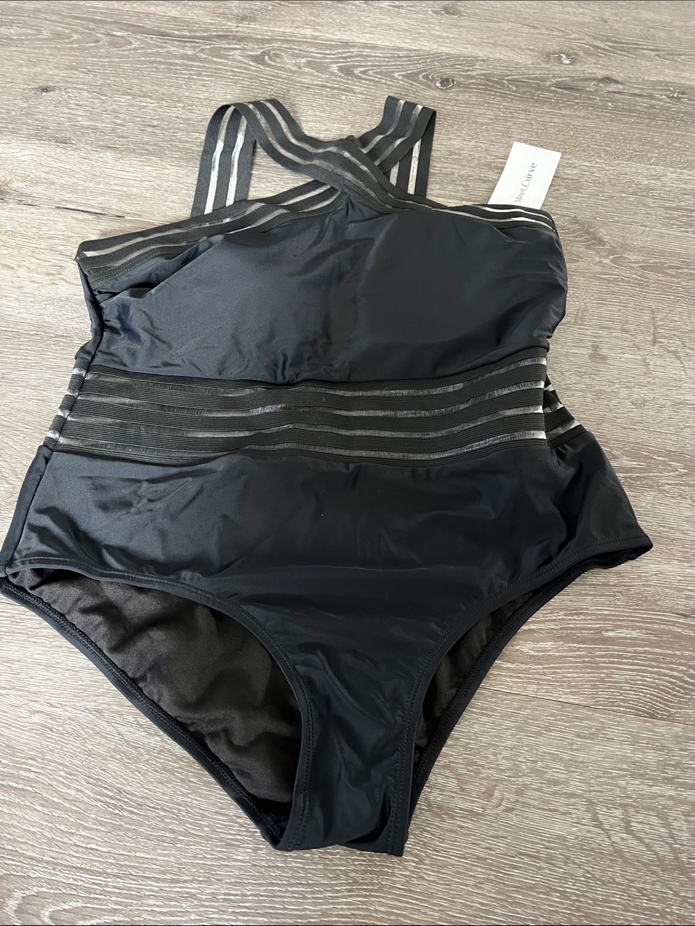 XL Black Women's One-Piece Swimsuit with Striped Waistband